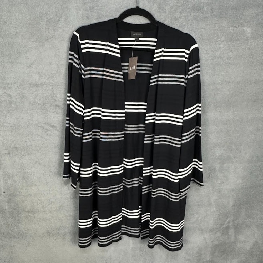 J Jill Top Womens Large Black Striped Long Sleeve Open Cardigan Stretch Preppy
